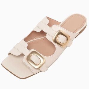 Square Toe Buckled Straps Flat Mules in White | 11.5” Long | US Women SIZE 13